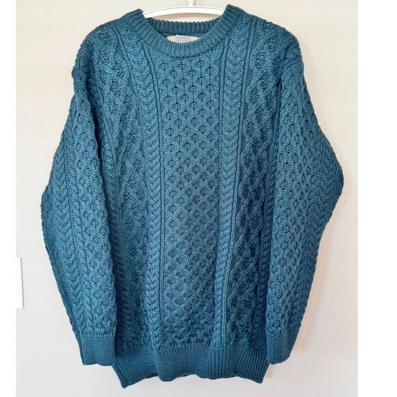 Aran Sweater Market Ireland Cable Knit Wool Sweater XXL Green Blue Fisherman - Picture 2 of 6